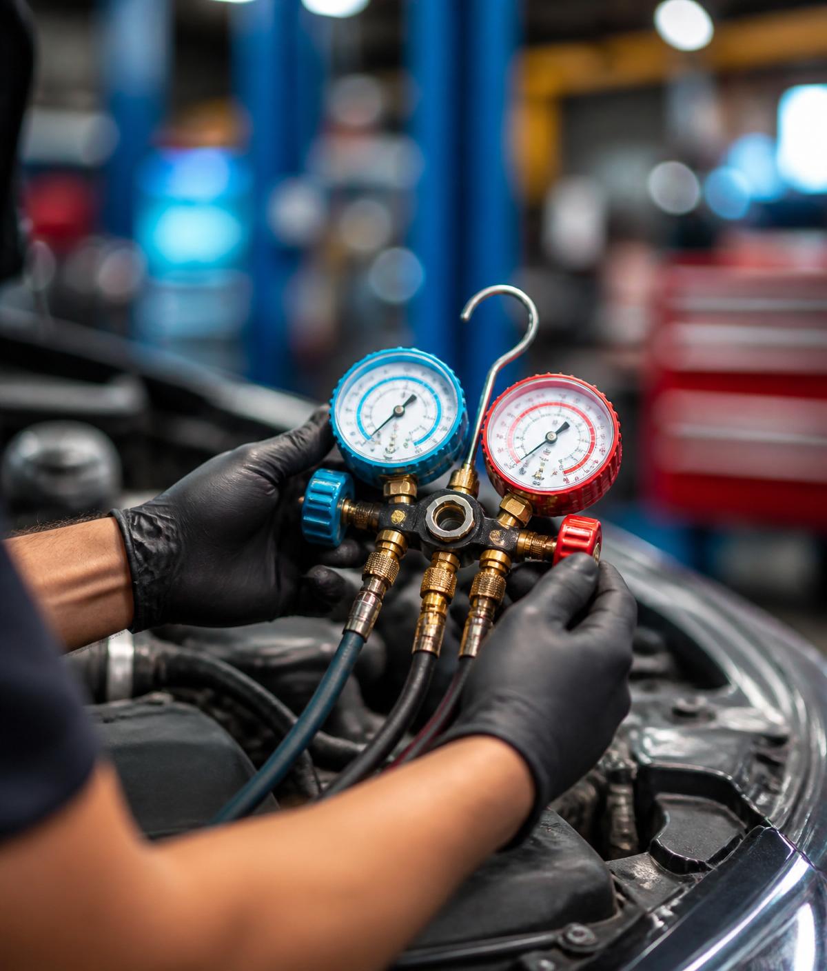 Certified technician inspecting a vehicle's air conditioning system